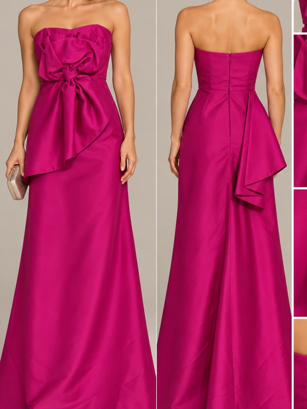 Badgley Mischka Fuchsia Pink Strapless Evening Dress with Draped Bow Accent